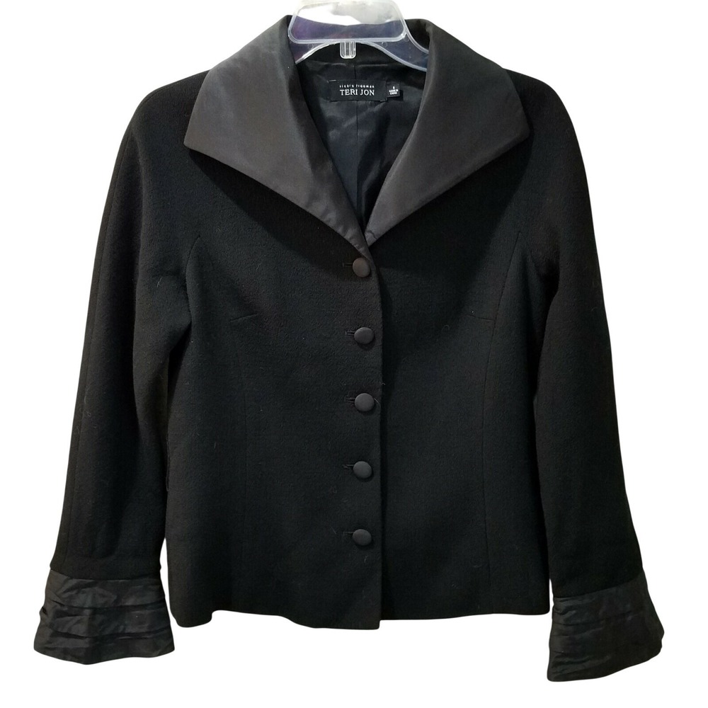 Rickie Freeman Teri Jon Black Satin Trim Wool Blazer Jacket 8 Elegant Evening